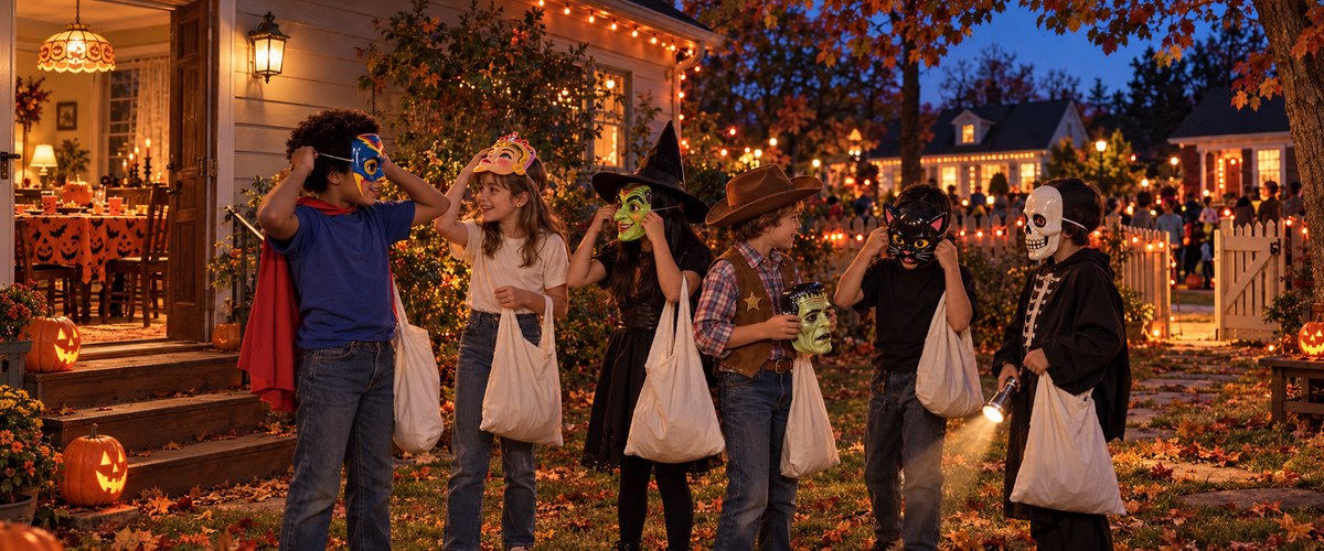 A homemade Halloween party at the Williams house in 1982, with kids, pillowcases, pumpkins, and bicycles.