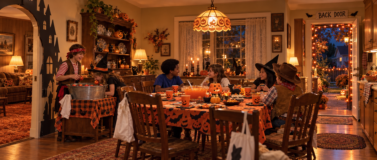 A homemade Halloween party at the Williams house in 1982, with kids, pillowcases, pumpkins, and bicycles.