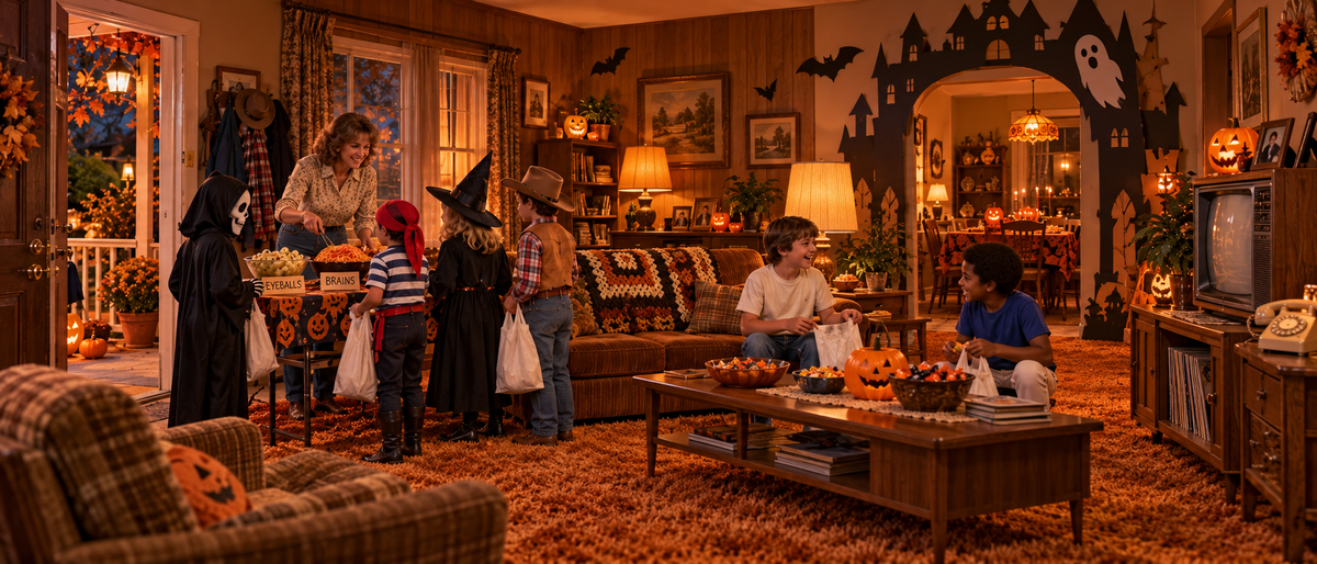 A homemade Halloween party at the Williams house in 1982, with kids, pillowcases, pumpkins, and bicycles.